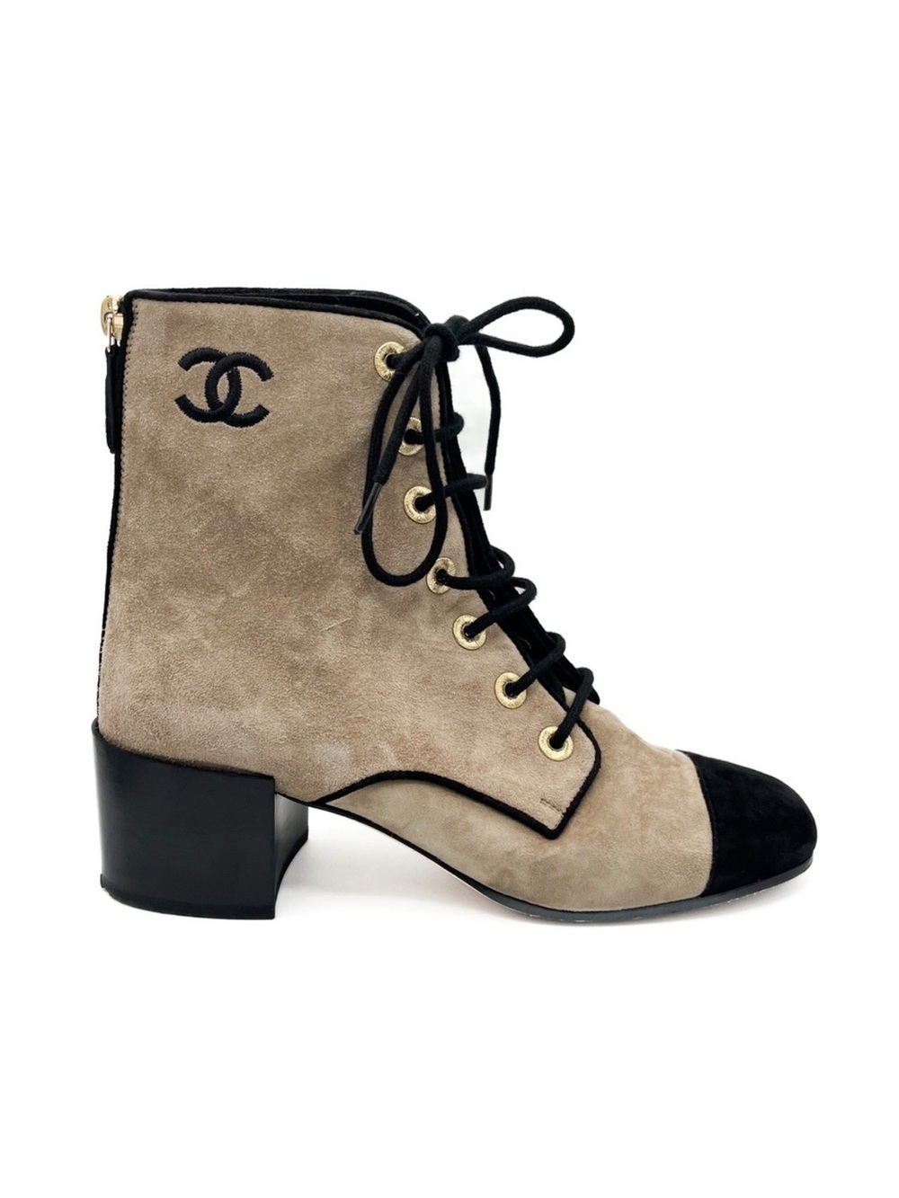Chanel Interlocking CC Logo Beige Black Suede Lace Up Cap Toe Boots 37.5C